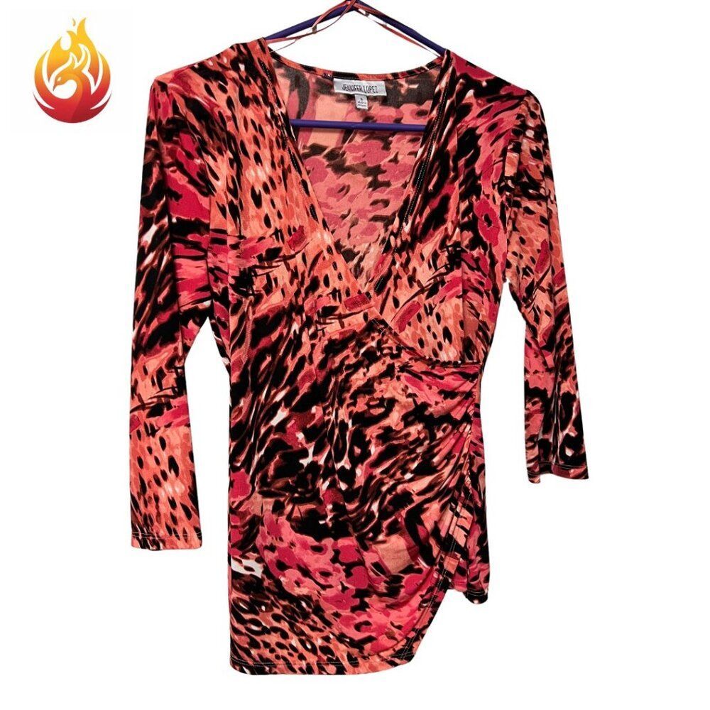 Jennifer Lopez Animal Print Asymmetrical Faux Wrap Blouse